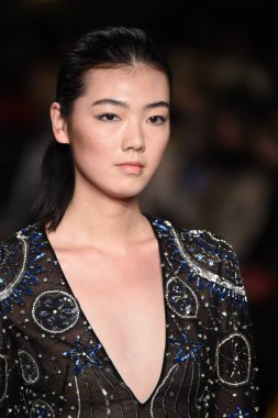 New York, Ny - 12 Şubat: Dennis Basso sırasında pist göster: New York City New York moda haftası St Bartholomew's Kilisesi Şubat 2018 üzerinde 12 Şubat 2018 kapsamında bir model yürür. 