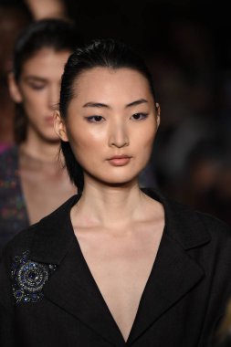 New York, Ny - 12 Şubat: Modelleri yürüyüş pist finale New York'ta New York moda haftası St Bartholomew's Kilisesi Şubat 2018 üzerinde 12 Şubat 2018 kapsamında Dennis Basso gösterisi sırasında. 