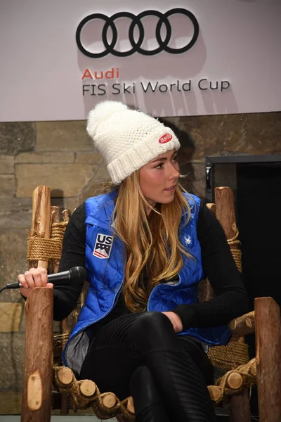 Killington Noviembre Mikaela Shiffrin Responde Preguntas Los Medios Durante Una — Foto de Stock