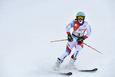 KILLINGTON, VT - NOVEMBER 24: Wendy Holderner of SUI reacts in the finish area after the second run of the giant slalom at the Audi FIS Ski World Cup - Killington Cup on November 24, 2018 in Killington, Vermont.