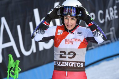 Killington, Vt - Kasım 24: Eva-Maria Brem Audi FIS kayak Dünya Kupası - Killington Kupası üzerinde 24 Kasım 2018 Killington, Vermont, dev slalom ikinci Çalıştır sonra Bitiş alanında (Avusturya). 
