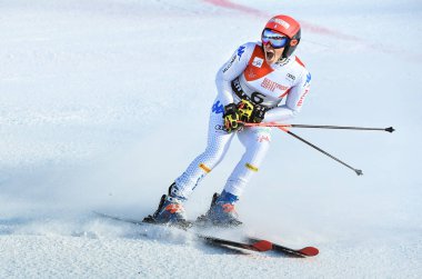 Killington, Vermont - Kasım 24: Federica Brignone üzerinde 24 Kasım 2018 Killington, Vermont Audi FIS kayak Dünya Kupası'nda Büyük Slalom kazandıktan sonra İtalya tepki.
