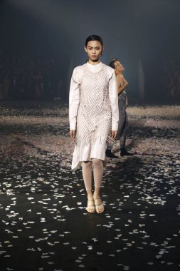 Paris, Fransa - 24 Eylül: Manken pist Christian Dior gösterisi sırasında Paris moda hafta kadın giyim ilkbahar/yaz 2019 kapsamında 24 Eylül 2018 Paris, Fransa'da yürür.