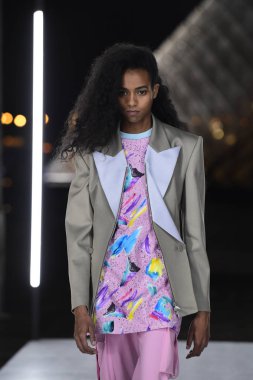 Paris, Fransa - Ekim 02: Manken pist Louis Vuitton gösterisi sırasında Paris moda hafta kadın giyim ilkbahar/yaz 2019 bir parçası olarak 2 Ekim 2018 Paris, Fransa'da yürür. 