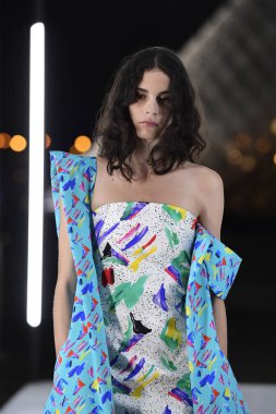 Paris, Fransa - Ekim 02: Manken pist Louis Vuitton gösterisi sırasında Paris moda hafta kadın giyim ilkbahar/yaz 2019 bir parçası olarak 2 Ekim 2018 Paris, Fransa'da yürür. 