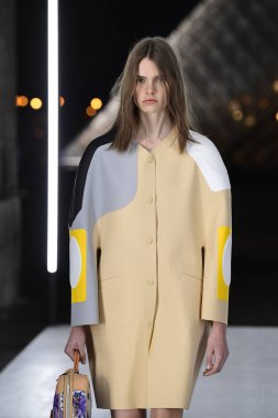 Paris, Fransa - Ekim 02: Manken pist Louis Vuitton gösterisi sırasında Paris moda hafta kadın giyim ilkbahar/yaz 2019 bir parçası olarak 2 Ekim 2018 Paris, Fransa'da yürür. 