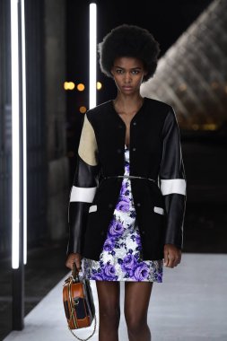 Paris, Fransa - Ekim 02: Manken pist Louis Vuitton gösterisi sırasında Paris moda hafta kadın giyim ilkbahar/yaz 2019 bir parçası olarak 2 Ekim 2018 Paris, Fransa'da yürür. 
