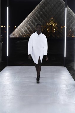 Paris, Fransa - Ekim 02: Manken pist Louis Vuitton gösterisi sırasında Paris moda hafta kadın giyim ilkbahar/yaz 2019 bir parçası olarak 2 Ekim 2018 Paris, Fransa'da yürür. 