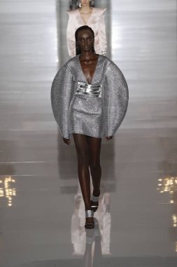Paris, Fransa - 28 Eylül: Manken pist Balmain gösterisi sırasında Paris moda hafta kadın giyim ilkbahar/yaz 2019 kapsamında 28 Eylül 2018 Paris, Fransa'da yürür.