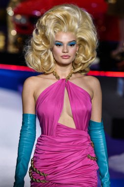 Milan, İtalya - 21 Şubat: Cayley Kral Moschino göstermek, Milan moda hafta sonbahar/kış 2019/20 üzerinde 21 Şubat 2019, Milano, İtalya pist yürür.