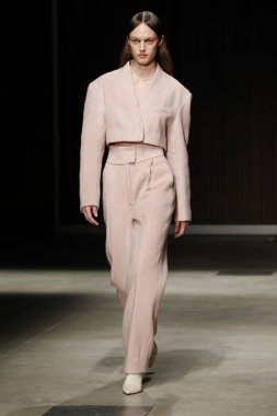 Milan, İtalya - Şubat 20: bir model yürür Ricostru hazır giyim sonbahar/kış 2019-2020 moda pist göstermek sırasında Milan moda hafta sonbahar/kış 2019/20 üzerinde 20 Şubat 2019, Milano, İtalya.