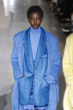 Milan, Italya-21 Şubat: bir model Milan Moda Haftası Sonbahar/Kış 2019/20 Max Mara gösterisi pist yürüyor 21 Şubat 2019 Milan, Italya.