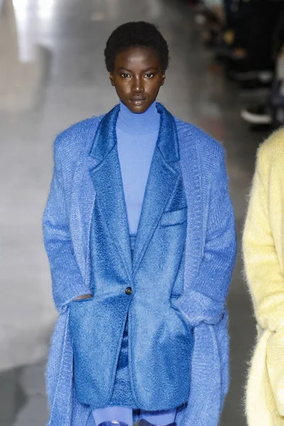 Milan, Italya-21 Şubat: bir model Milan Moda Haftası Sonbahar/Kış 2019/20 Max Mara gösterisi pist yürüyor 21 Şubat 2019 Milan, Italya.