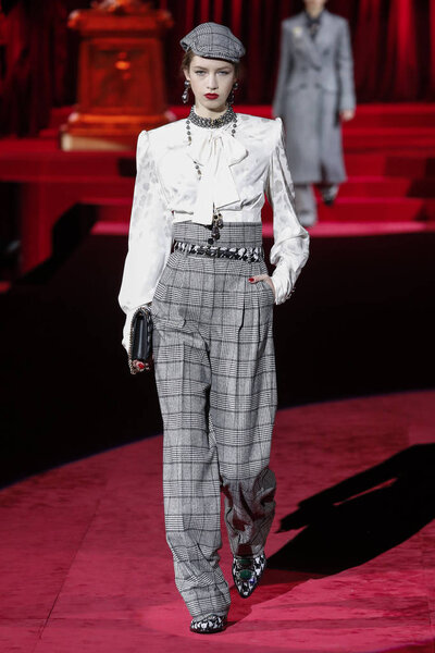 MILAN, ITALY - FEBRUARY 24: A model walks the runway at the Dolce and Gabbana show at Milan Fashion Week Autumn/Winter 2019/20 on February 24, 2019 in Milan, Italy.