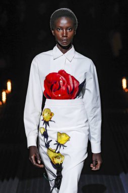 Milan, Italya-21 Şubat: bir model Milan Moda Haftası Sonbahar/Kış 2019/20 Prada gösterisi pist yürüyor 21 Şubat 2019 Milan, Italya. 