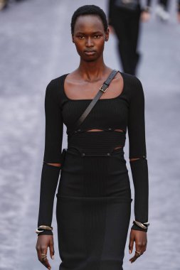 Milan, Italya-23 Şubat: bir model Milan Moda Haftası Sonbahar/Kış 2019/20 tarihinde Roberto Cavalli Show 'da pist yürüyor 23 Şubat, 2019 Milan, Italya.