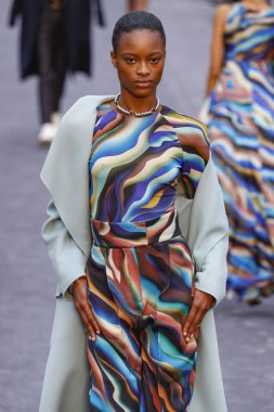 Milan, Italya-23 Şubat: bir model Milan Moda Haftası Sonbahar/Kış 2019/20 tarihinde Roberto Cavalli Show 'da pist yürüyor 23 Şubat, 2019 Milan, Italya.