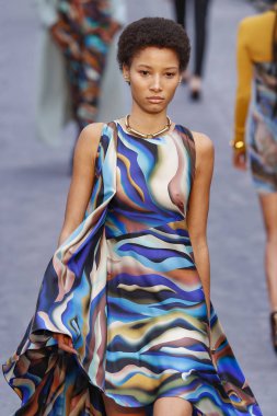 Milan, Italya-23 Şubat: bir model Milan Moda Haftası Sonbahar/Kış 2019/20 tarihinde Roberto Cavalli Show 'da pist yürüyor 23 Şubat, 2019 Milan, Italya.