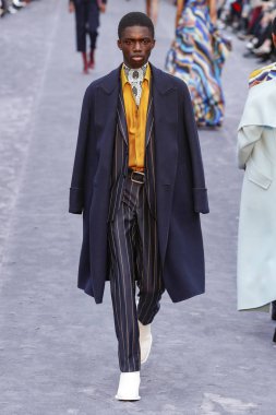 Milan, Italya-23 Şubat: bir model Milan Moda Haftası Sonbahar/Kış 2019/20 tarihinde Roberto Cavalli Show 'da pist yürüyor 23 Şubat, 2019 Milan, Italya.