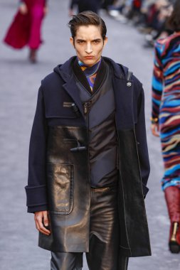 Milan, Italya-23 Şubat: bir model Milan Moda Haftası Sonbahar/Kış 2019/20 tarihinde Roberto Cavalli Show 'da pist yürüyor 23 Şubat, 2019 Milan, Italya.