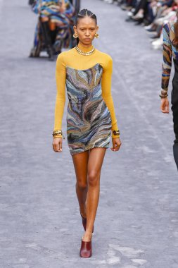 Milan, Italya-23 Şubat: bir model Milan Moda Haftası Sonbahar/Kış 2019/20 tarihinde Roberto Cavalli Show 'da pist yürüyor 23 Şubat, 2019 Milan, Italya.