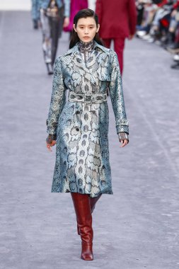 Milan, Italya-23 Şubat: bir model Milan Moda Haftası Sonbahar/Kış 2019/20 tarihinde Roberto Cavalli Show 'da pist yürüyor 23 Şubat, 2019 Milan, Italya.