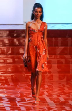 PARIS FRANCE - 12 Ekim 2003 Model Liya Kebede, 2004 Yaz ayı Paris moda haftası boyunca Valentino Giymeye Hazır Moda Koleksiyonu defilesinin defilesi. Paris,