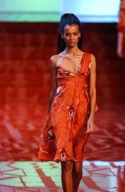 PARIS FRANCE - 12 Ekim 2003 Model Liya Kebede, 2004 Yaz ayı Paris moda haftası boyunca Valentino Giymeye Hazır Moda Koleksiyonu defilesinin defilesi. Paris,