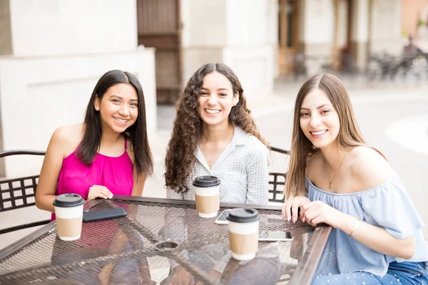 Portrait Young Girls Sitting Cafe Having Coffee Together — Stock Photo, Image