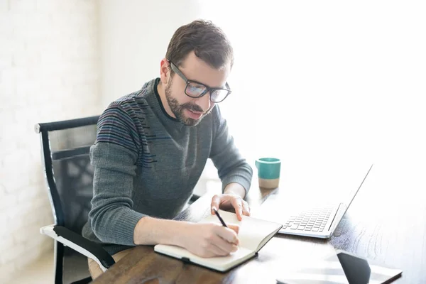 Portrait Good Looking Young Man Writing Book Home — Stock Photo, Image