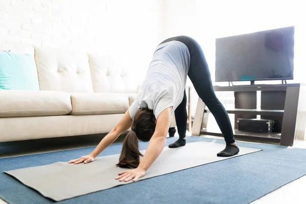 Mujer Joven Practicando Pose Perro Hacia Abajo Durante Sesión Entrenamiento — Foto de Stock