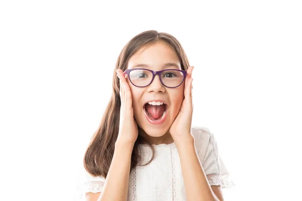 Chica Sorprendida Gafas Con Boca Abierta Alegría Sosteniendo Los Lados —  Fotos de Stock