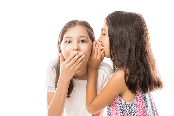 Cute Little Younger Sister Sharing Funny Secret Older Sister Ears — Stock Photo, Image