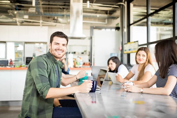 Handsome Young Hispanic Man Relaxing Cafeteria Having Coffee Colleagues — Stock Photo, Image