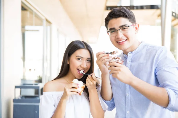 Smiling Teenage Couple Having Tasty Ice Cream Date Shopping Mall — Stock Photo, Image