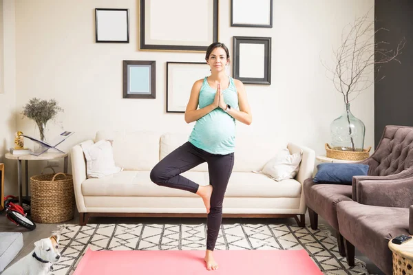 Evde Yoga Mat Ağaç Gerçekleştirme Yetişkin Hamile Kadın Poz — Stok fotoğraf