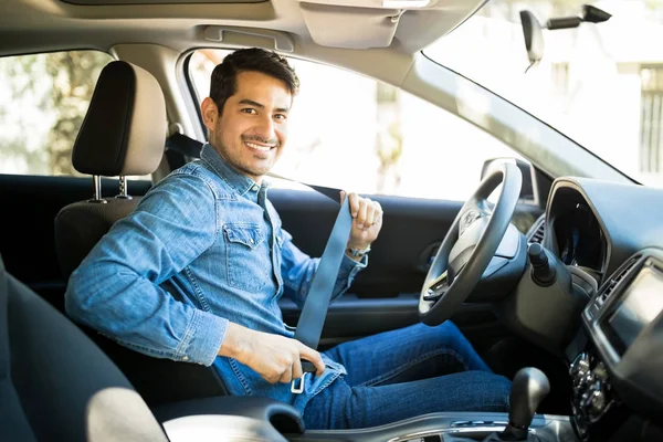 Portrait Young Hispanic Man Sitting Driving Seat Car Fastening Safety — Stock Photo, Image