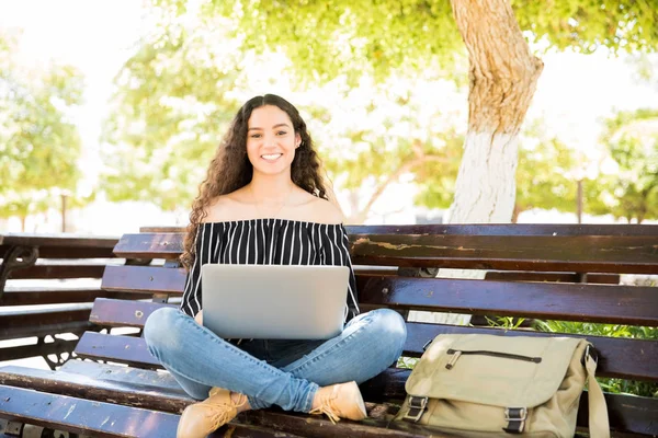 Portrait Cute Latin Teenage Girl Sitting Park Bench Laptop Computer — Stock Photo, Image