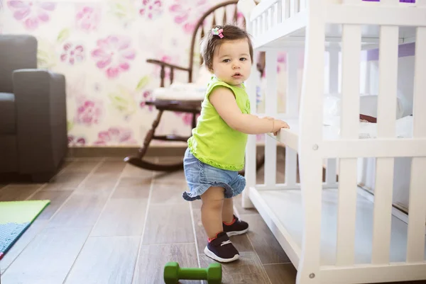 Portrait Beautiful Baby Girl Wearing Tennis Shoes Playing Dumbbell Her — Stock Photo, Image