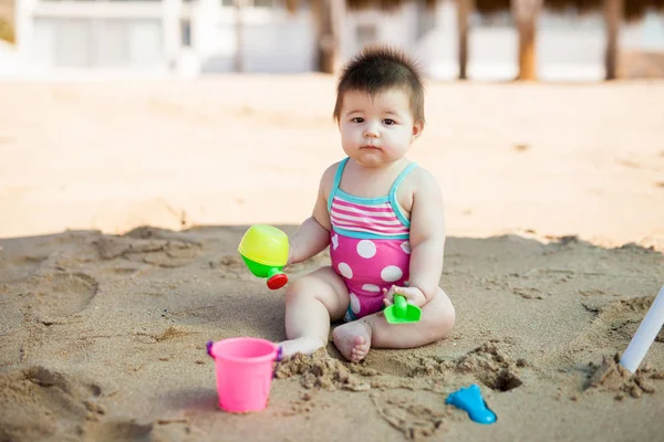 Cute Little Baby Girl Wearing Swimsuit Playing Sand Shade Beach — Stock Photo, Image