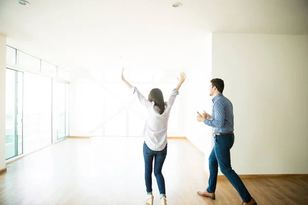 Excited Mid Adult Man Woman Entering New Apartment — Stock Photo, Image