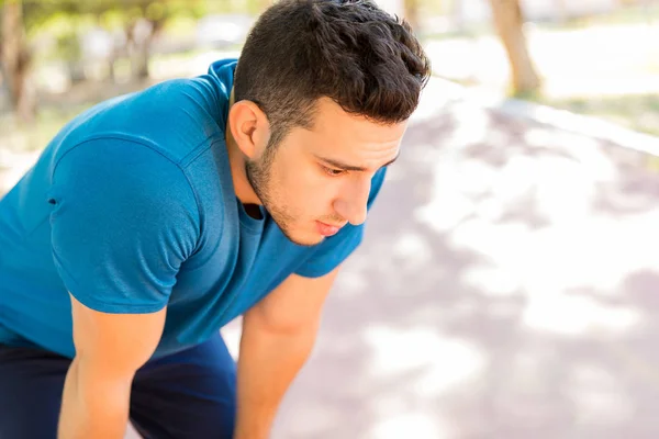 Exhausted Young Man Taking Rest Long Run Park — Stock Photo, Image