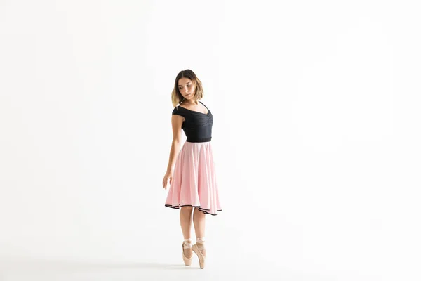 Young Ballerina Standing Tiptoes While Rehearsing White Background — Stock Photo, Image