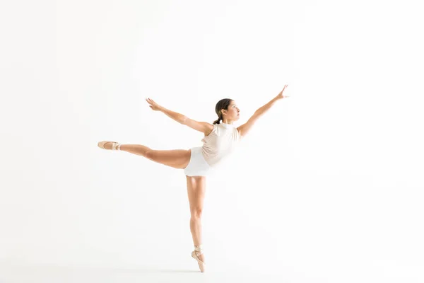 Full Length Graceful Ballerina Doing Ballet Pose Called Arabesque White — Stock Photo, Image