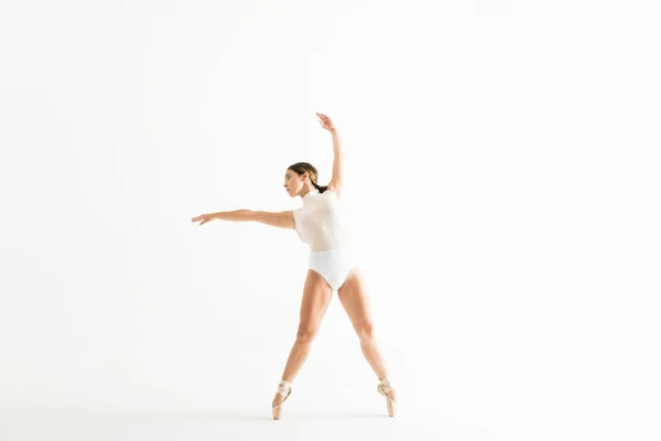 Young Female Ballet Dancer Wearing Leotard While Dancing Grace White — Stock Photo, Image