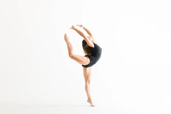 Full Length Ballerina Black Leotard Practicing Ballet Moves White Studio — Stock Photo, Image