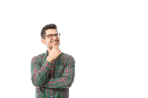 Thoughtful Male Hipster Looking Copyspace White Background — Stock Photo, Image