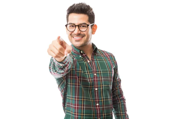 Young Man Checkered Shirt Pointing Recruitment White Background — Stock Photo, Image