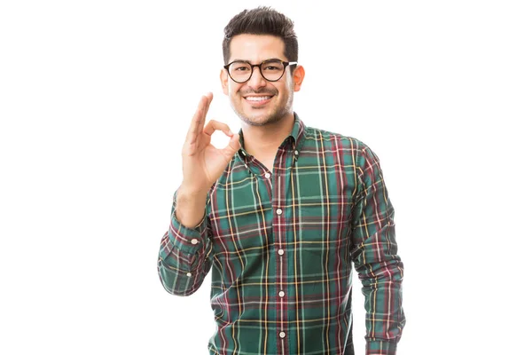 Fashionable Young Male Showing Gesture While Smiling Plain Background — Stock Photo, Image