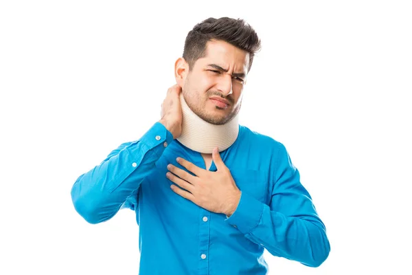 Young Male Suffering Neck While Wearing Cervical Collar White Background — Stock Photo, Image